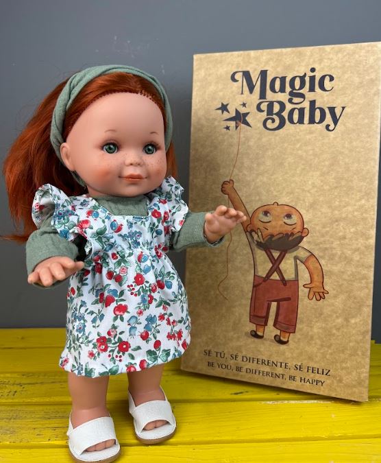 Magic baby Παιδική κούκλα "Betty με κόκκινα μαλλιά και φόρεμα με λουλούδια"-30εκ.